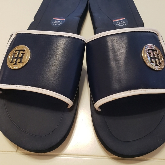 Tommy Hilfiger Shoes - Tommy Hilfiger Blue Slides with Gold Emblem